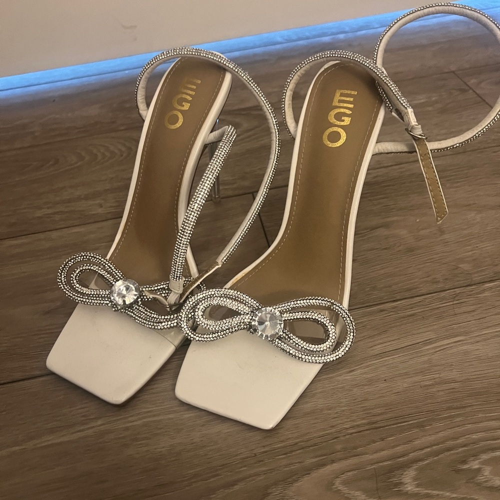 EGO Diamante White Heels with Ankle Straps and Slender Heel